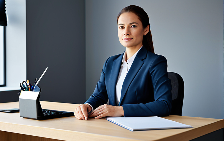 탁구 신발과 바닥 마찰력 - Professional Businesswoman**

"A professional businesswoman in a modest business suit, sitting at a ...