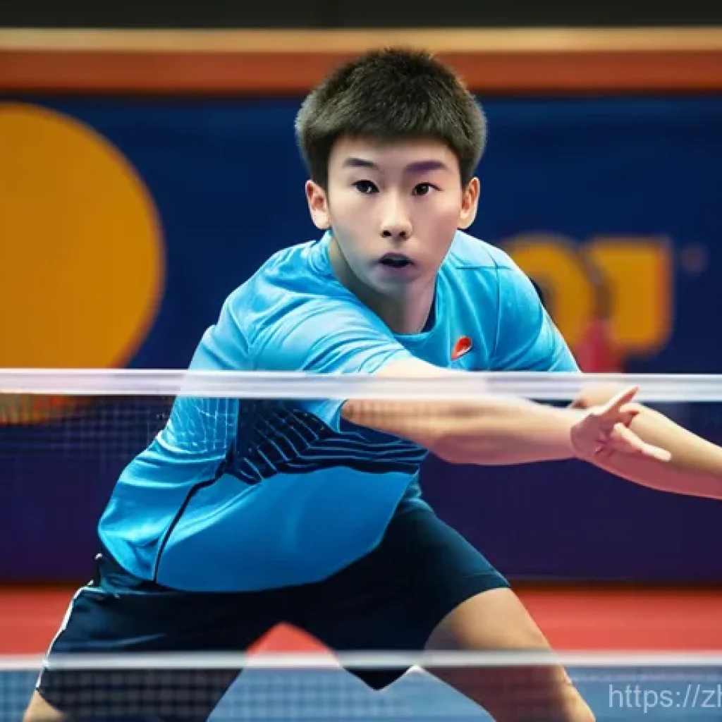 탁구 경기 중 흔한 실수와 대처법 - A teenage male table tennis player, approximately 16 years old, is dressed in a clean, modern athlet...