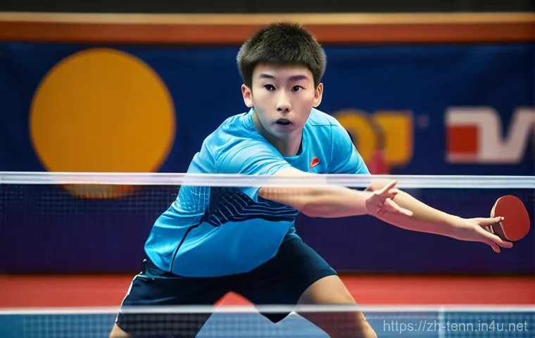 탁구 경기 중 흔한 실수와 대처법 - A teenage male table tennis player, approximately 16 years old, is dressed in a clean, modern athlet...