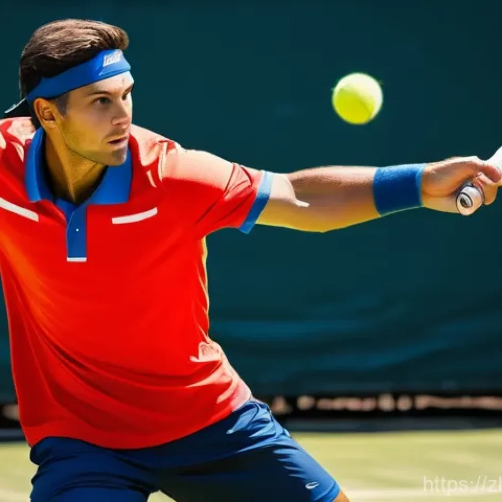 테니스와 멘탈 관리 - **A professional male tennis player in a dynamic mid-action pose, intensely focused on striking a te...