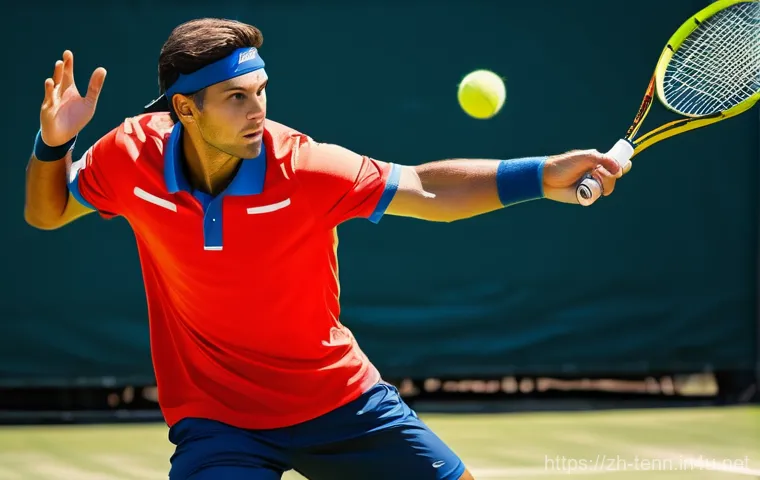 테니스와 멘탈 관리 - **A professional male tennis player in a dynamic mid-action pose, intensely focused on striking a te...