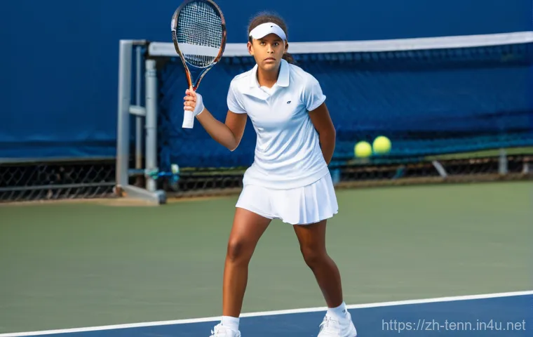 테니스와 멘탈 관리 - **A young female tennis player, appearing to be in her late teens, standing on the baseline between ... 테니스와 멘탈 관리 - **A young female tennis player, appearing to be in her late teens, standing on the baseline between ...