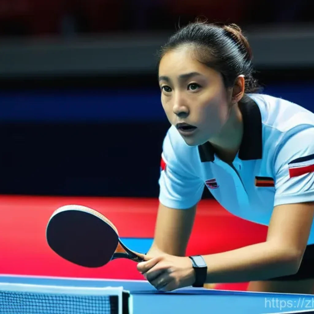 탁구 경기의 심판 역할 - A female table tennis referee, mid-shot, with a keen and perceptive expression, her eyes intensely f...