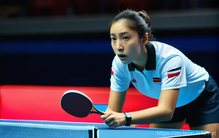 탁구 경기의 심판 역할 - A female table tennis referee, mid-shot, with a keen and perceptive expression, her eyes intensely f...