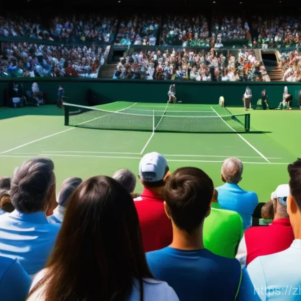 테니스 관람 예절 - **Prompt: Respectful Tennis Spectators in Action**
"A wide-angle, cinematic photograph of a vibr...