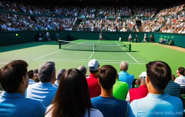 테니스 관람 예절 - **Prompt: Respectful Tennis Spectators in Action**
"A wide-angle, cinematic photograph of a vibr...