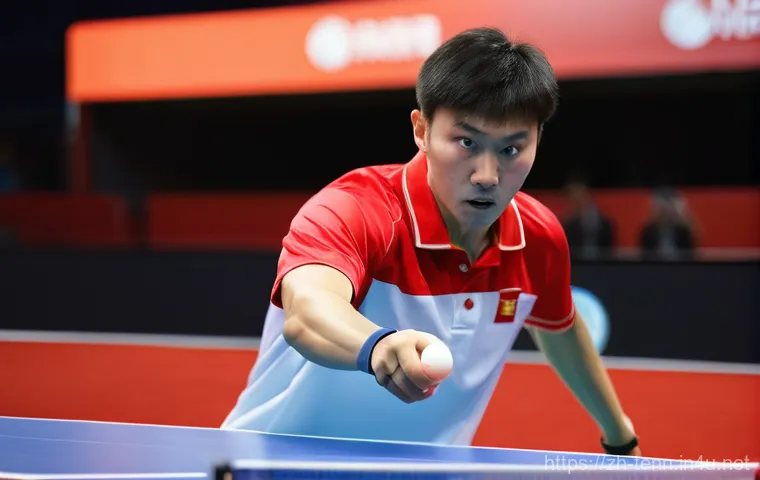 탁구 펜홀더와 쉐이크핸드 라켓 비교 - **A highly focused male table tennis player demonstrating a classic Chinese penhold grip.** His thum...