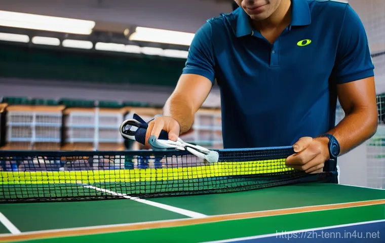 테니스 스트링 갈기 비용 - **Prompt:** A professional tennis stringer, male or female, meticulously working on a tennis racket ...