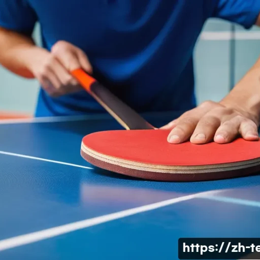 탁구 라켓 관리법 - **Prompt:** A close-up shot of an adult's hands gently cleaning a ping pong paddle's red, tacky rubb...