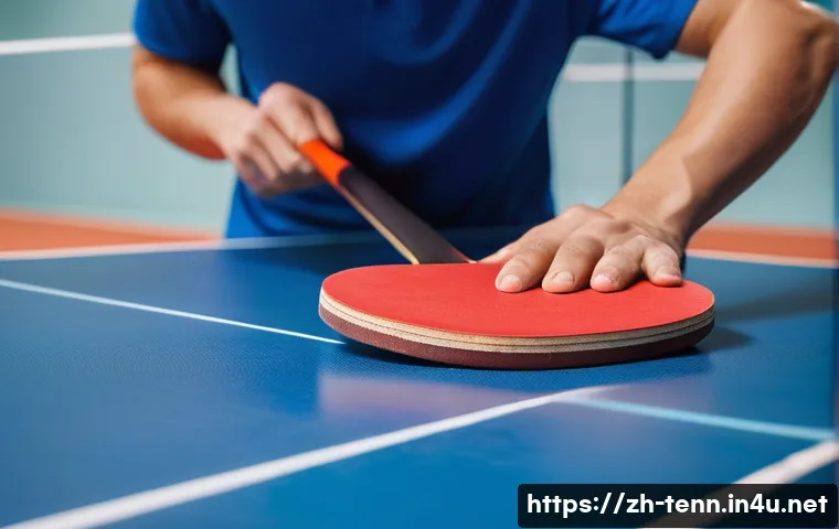 탁구 라켓 관리법 - **Prompt:** A close-up shot of an adult's hands gently cleaning a ping pong paddle's red, tacky rubb...